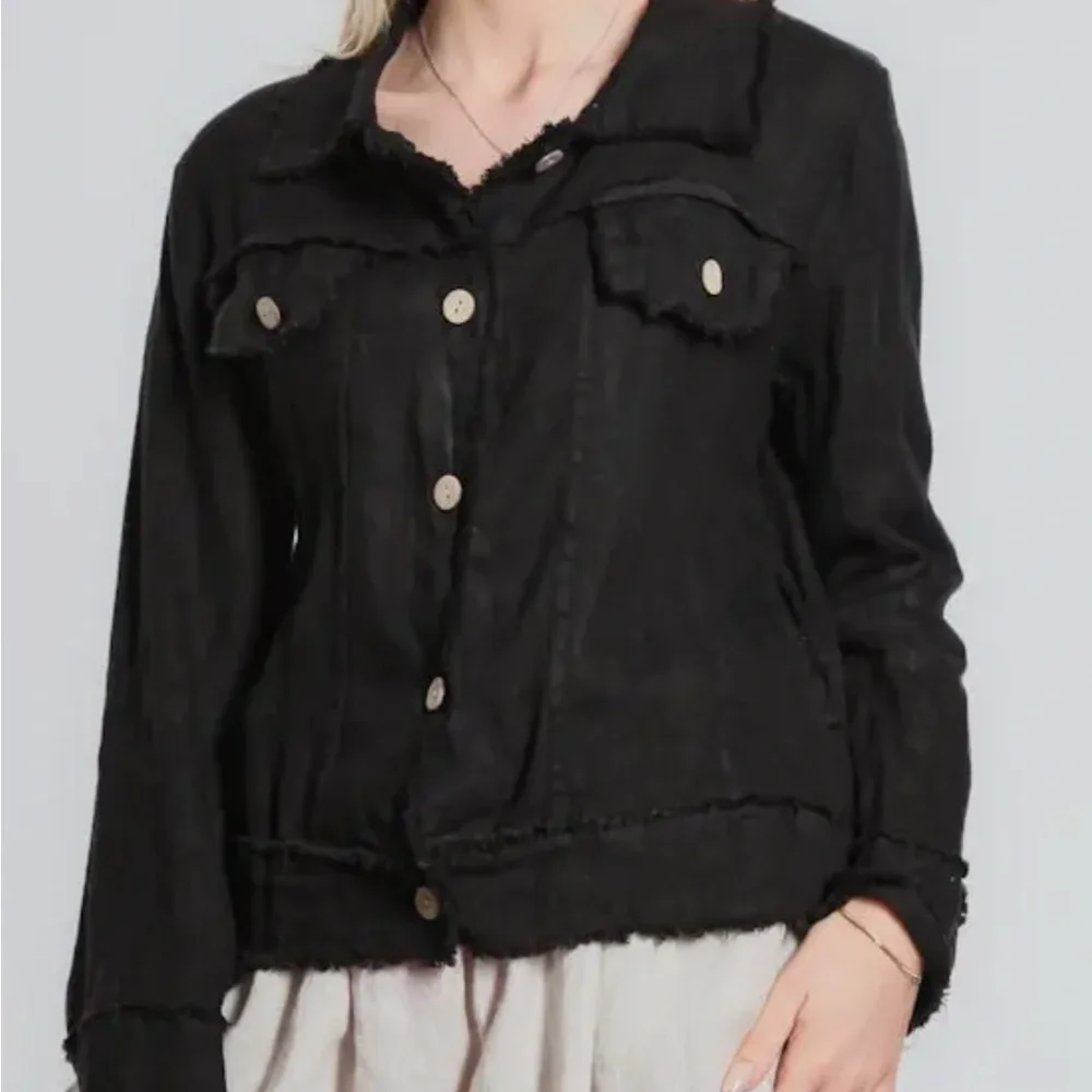 Tina Stephens Black Linen Jacket Classic Denim Style - Picture 7 of 14